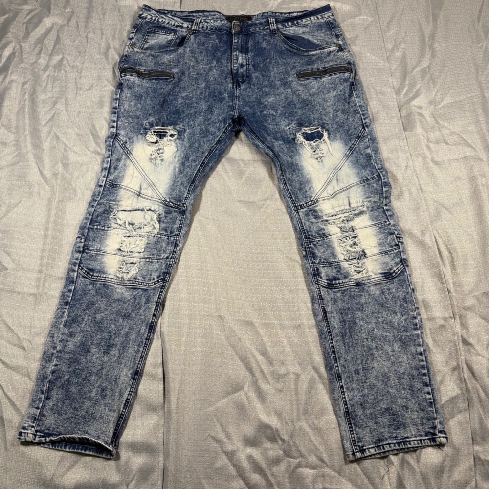 Encrypted Jeans Mens 44x34 Blue Acid Wash Distressed Moto Streetwear Denim Pants